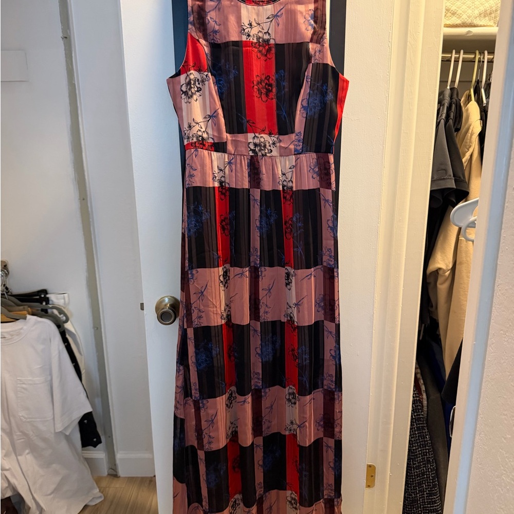 Sleeveless Pink Red Floral Pink color block  Maxi Dress